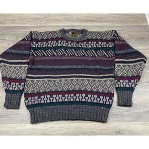 Vintage 100% Wool Boston Traders Large Striped Sweater Grunge Grandpacore
